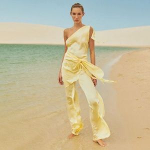 Baobab Marea One Shoulder Draped Tie Front Silkie Jumpsuit in Alegria